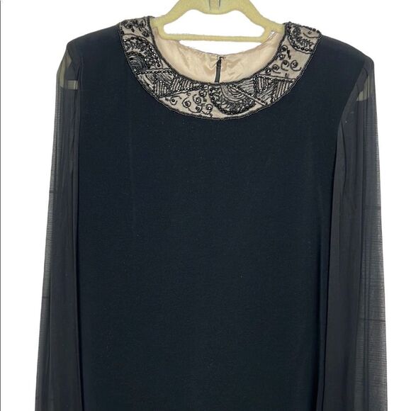 Oleg Cassini Black Tie Formal Shift Black 
Dress Beaded Neckline and Cuffs - Picture 2 of 15